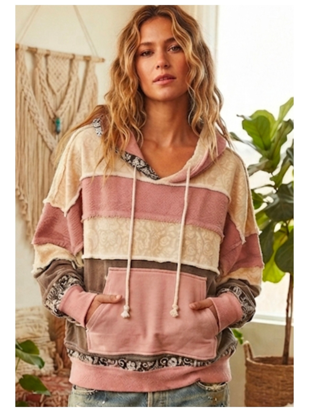Striped Pink and Beige Hooded Pullover Top